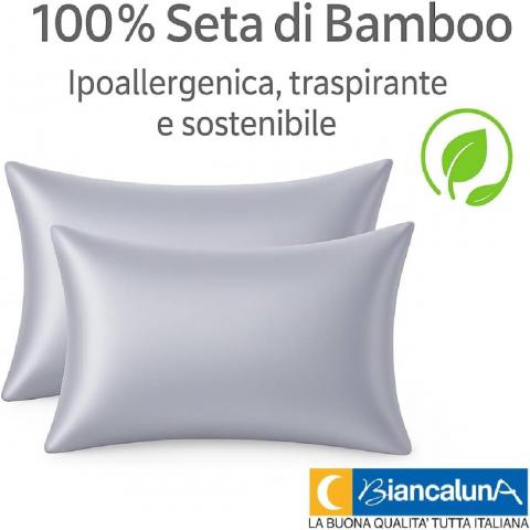 Coppia Federe in Seta di Bamboo CLARA Anticrespo Antirughe Ipoallergeniche Traspiranti Eleganti e Morbide  Made in Italy (GRIGIO)