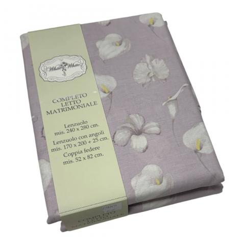 Lenzuola Matrimoniale Tess In Puro Cotone Disegno Calle Lavanda Polvere Tela 30/27