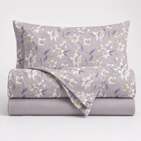 Lenzuola Matrimoniale Tess In Puro Cotone Disegno Narcisi Lavanda Polvere Tela 30/27