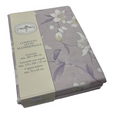 Lenzuola Matrimoniale Tess In Puro Cotone Disegno Narcisi Lavanda Polvere Tela 30/27