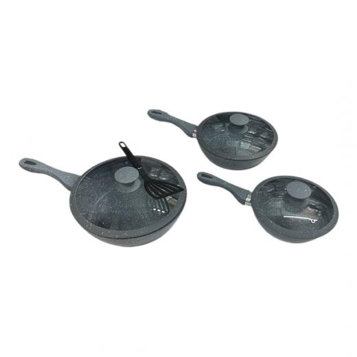 Set Padelle 7 Pezzi Rivestimento In Pietra Con Coperchi Antiaderente