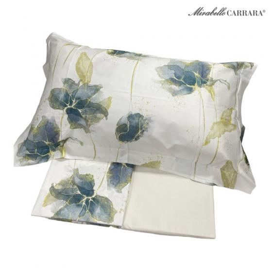 Lenzuola Copriletto Mirabello Matrimoniale Lenzuolo Golden Flowers Blu Bianco