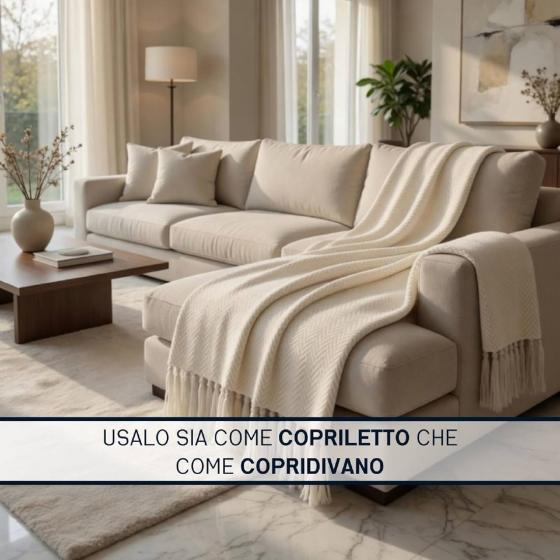 Copriletto Matrimoniale Laura Blasi Chevron, Coperta Frange, Copridivano Panna