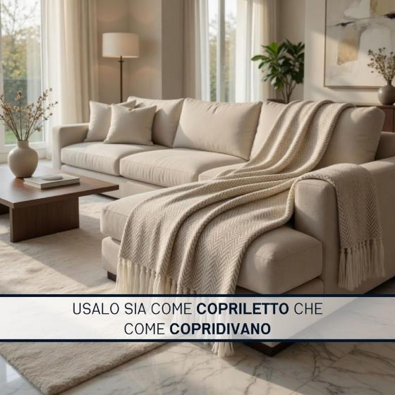 Copriletto Matrimoniale Laura Blasi Chevron, Coperta Frange, Copridivano Tortora