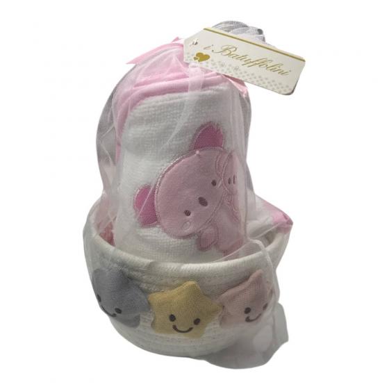 Accappatoio Triangolo Cesta Manopola Gioco Batuffolini Orsetto Rosa
