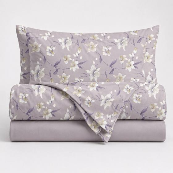 Lenzuola Matrimoniale Tess In Puro Cotone Disegno Narcisi Lavanda Polvere Tela 30/27