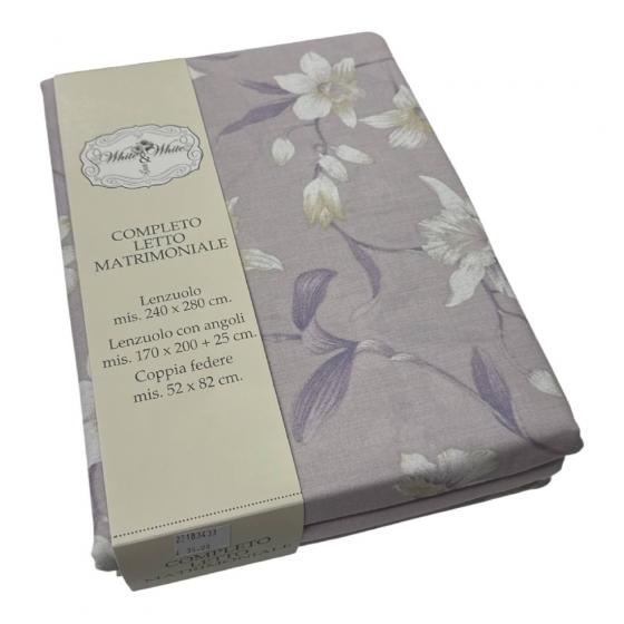 Lenzuola Matrimoniale Tess In Puro Cotone Disegno Narcisi Lavanda Polvere Tela 30/27